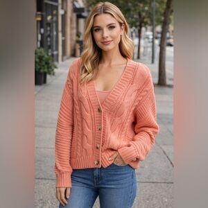 Dreamers By Debut Women's Coral Pink Cable Knit Cardigan Sweater Size S/M